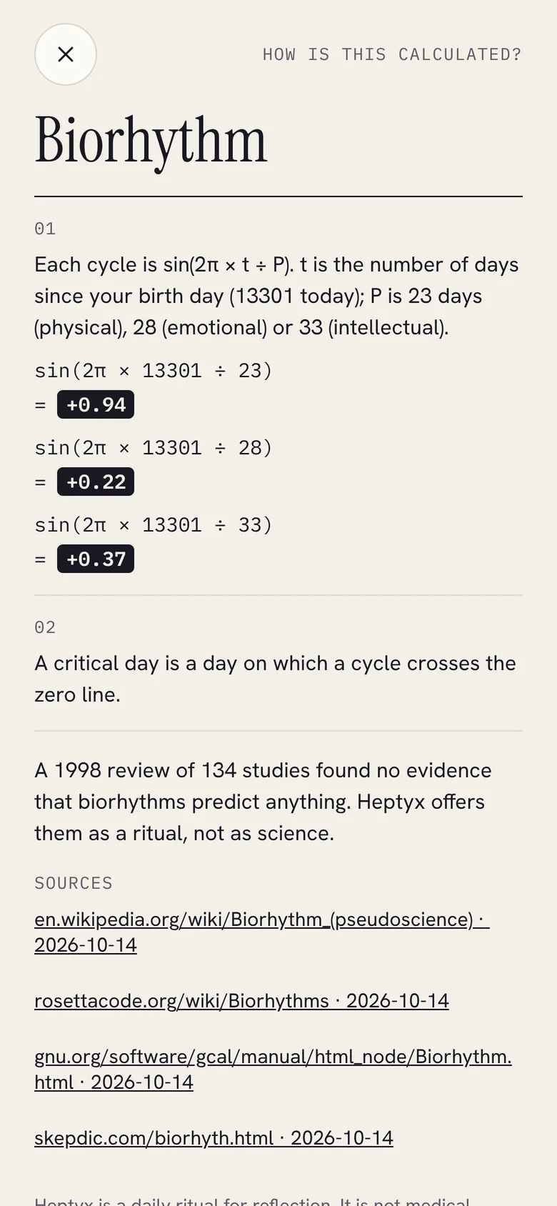 “¿Cómo se calcula?” del biorritmo: cada ciclo es el seno de 2 pi t entre P, con el recuento de días propio de la persona, 13.301, y los valores resultantes, además de la revisión de 1998 y las fuentes.